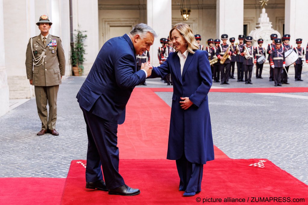 Prime Minister Giorgia Meloni and Prime Minister of Hungary Viktor Orban during the meeting at Palazzo Chigi in Rome on June 24, 2024. Both leaders are known for their harsh stance on migration. | Photo: Roberto Monaldo / LaPresse