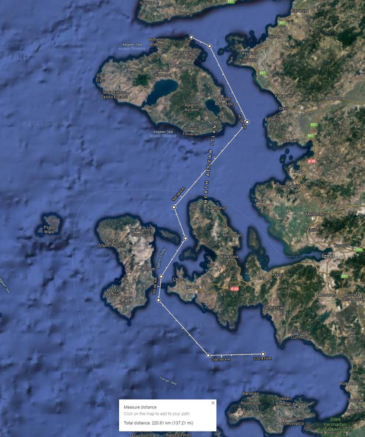 A screenshot of the likely route that the group were taken by the masked men before being found by the Turkish coast guard | Source: Screenshot from Aegean Boat Report blog