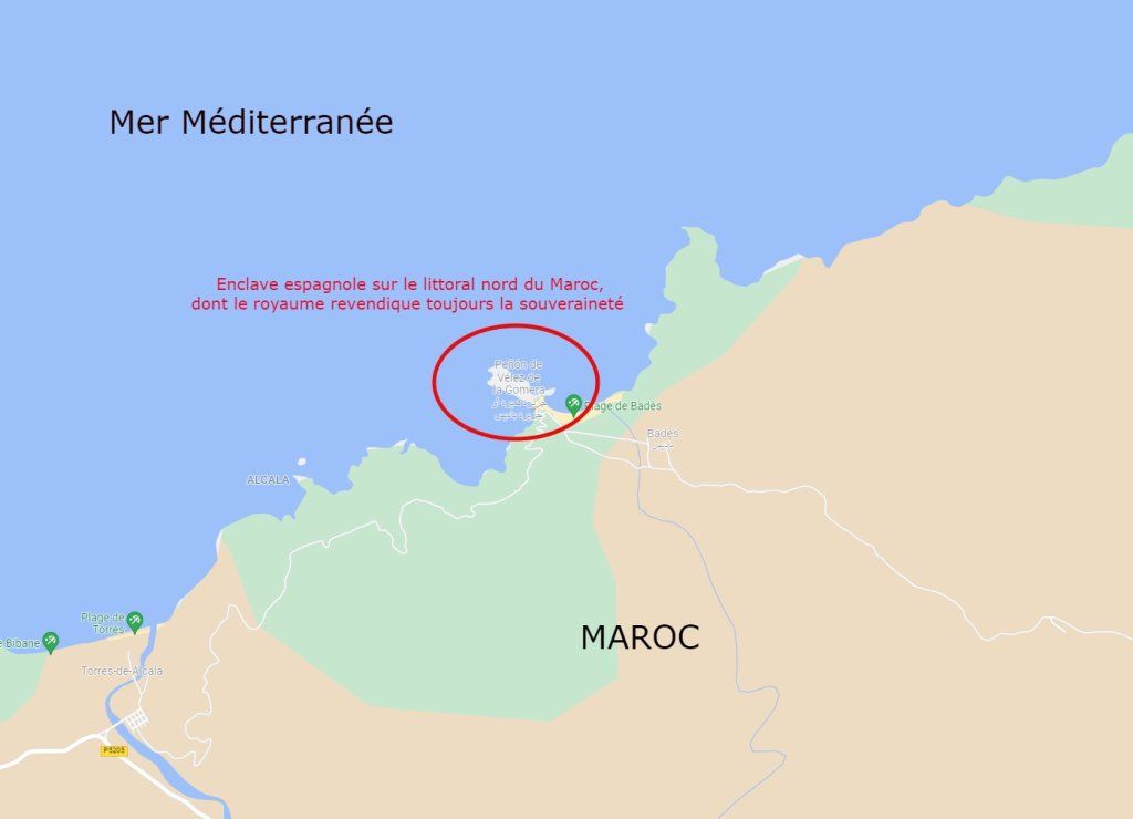 L'enclave espagnole du Rocher de Vélez de la Gomera en territoire marocain. Crédit : Google map
