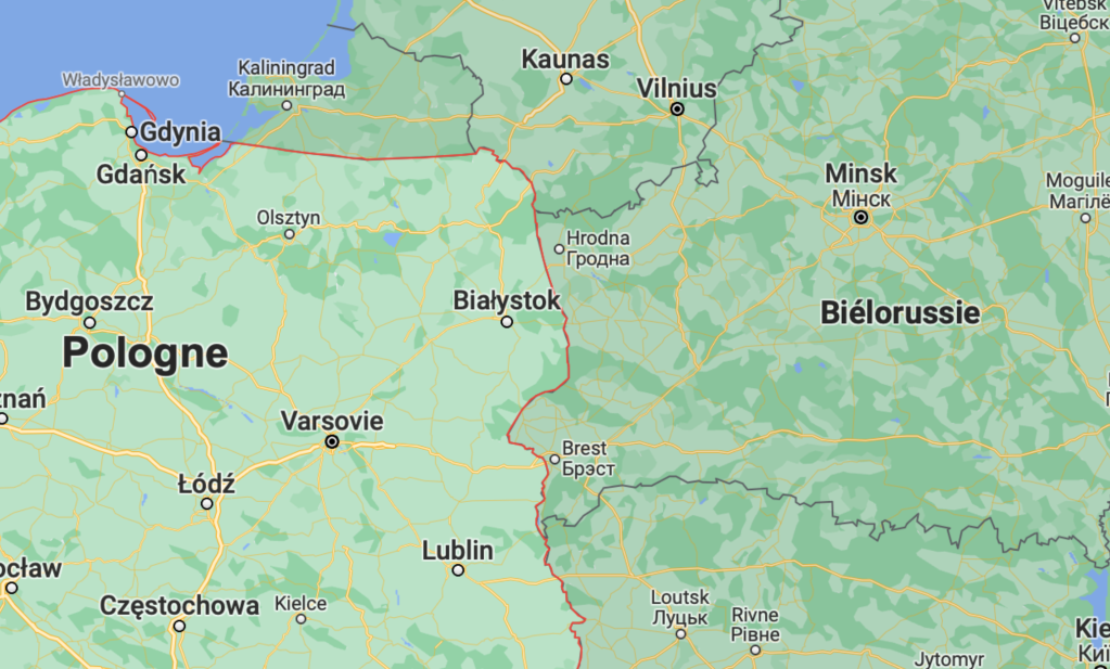 La Pologne veut construire un mur le long de sa frontière avec la Biélorussie. Crédit : Google Maps