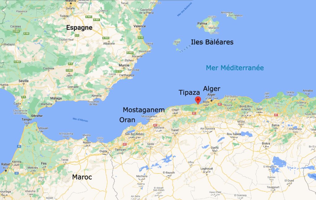 Les départs pour l'Espagne se concentrent dans quelques villes de la côte algérienne, dont la capitale, Alger. Crédit : Google maps 