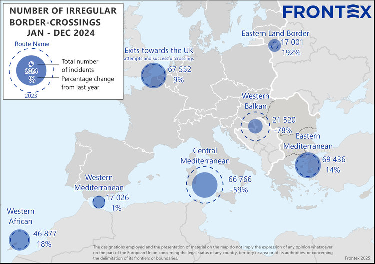 A map provided by Frontex shows the data they say demonstrates a significant drop of irregular border crossings on many routes towards Europe, including that of the Western Balkans, some of whom would then travel on through Italy | Source: Frontex press office www.frontex.europa.eu