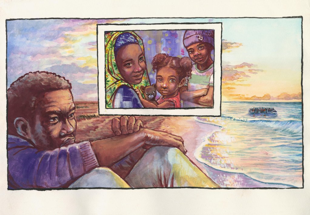 Another graphic illustration shows Nelson's* story in the MSF report. Nelson, from Cameroon lost his wife and two children trying to cross the Mediterranean towards Europe, he was being treated by MSF psychological teams | Source: Screenshot MSF Libya violence report February 2025 