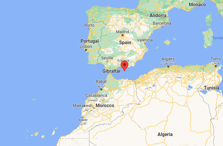 Map showing the Alboran Sea (red marker) as well as Mediterranean countries Spain, Morocco and Algeria | Source: Google Maps