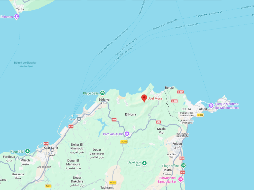 Le massif montagneux Jbel Musa, tout au nord du Maroc, est situé à une poignée de kilomètres de l'enclave espagnole de Ceuta. Crédit : capture d'écran Google maps