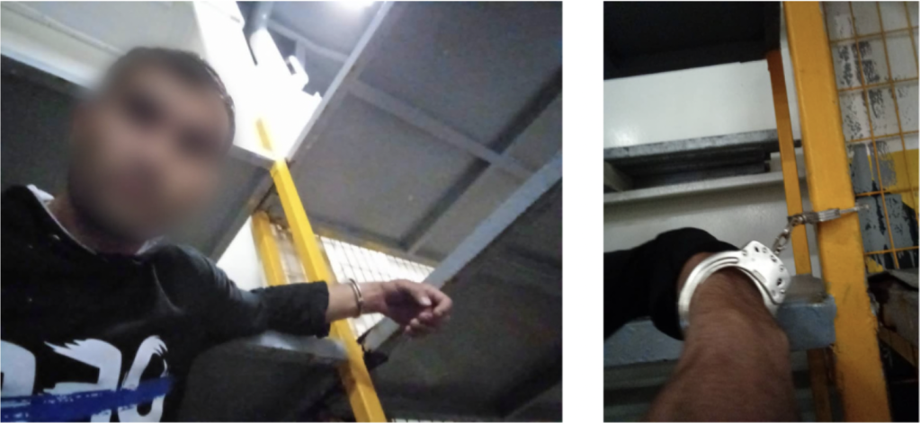 Photographic evidence showing a migrant handcuffed inside the hull of a ferry | Copyright: Lighthouse Reports
