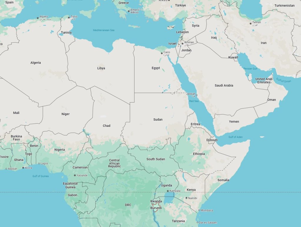 Landlocked Burundi (bottom center) is much smaller than Yemen, Sudan and Iraq  | Source: Google Maps