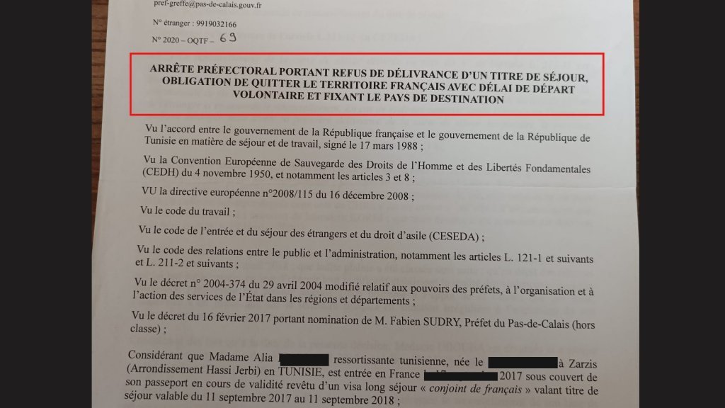 تلقت علياء أمر بمغادرة الأراضي الفرنسية (OQTF)، في 2019. المصدر:المهاجرة أرسلت الصورة