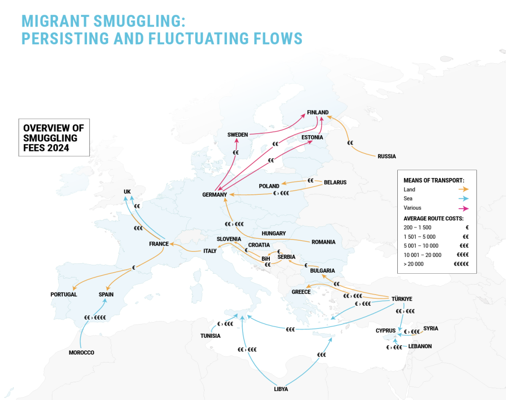 Map shows migrant smuggling routes across Europe | Source: 9th Annnual Report 2025,  EUROPOL’S Migrant Smuggling Center www.europol.europa.eu