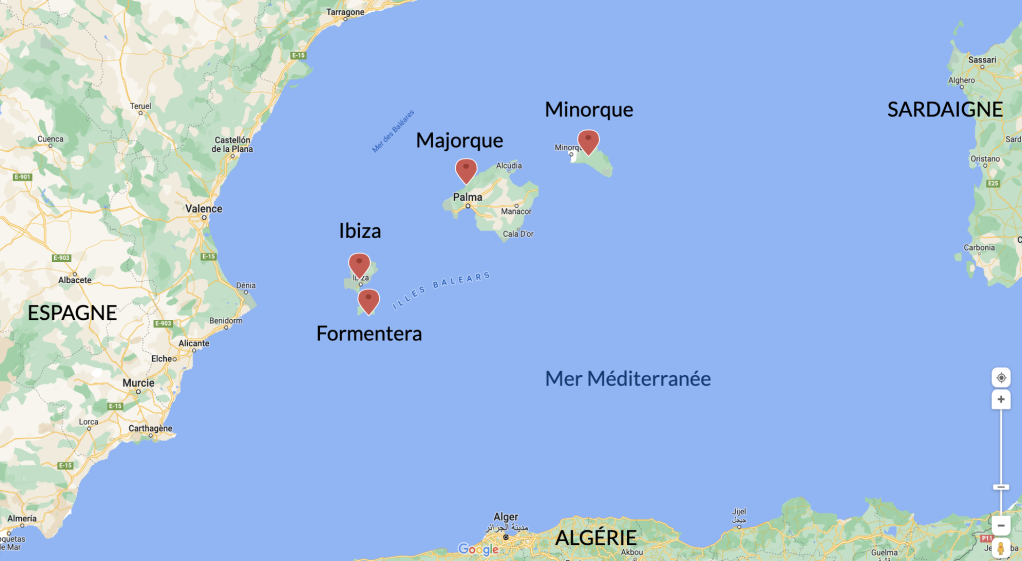 Les îles Baléares sont l'un des points d'entrée des migrants qui tentent d'atteindre l'Espagne. Crédit : Google Maps/Piktochart