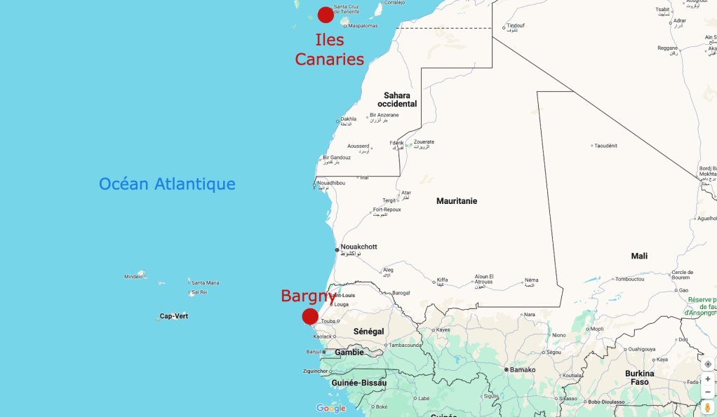 Bargny se situe à l'est de Dakar. C'est l'une des localités de départ des candidats à l'exil sénégalais pour les Canaries. Crédit : Google Maps