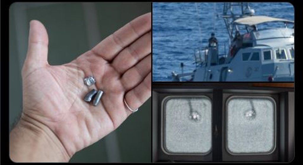 A combo photo published by SOS Mediterranée in a post on X after the rounds of gunfire shot by the Libyan Coast Guard against the ship Ocean Viking, August 24, 2025 | Source: X/SOSMedItalia
