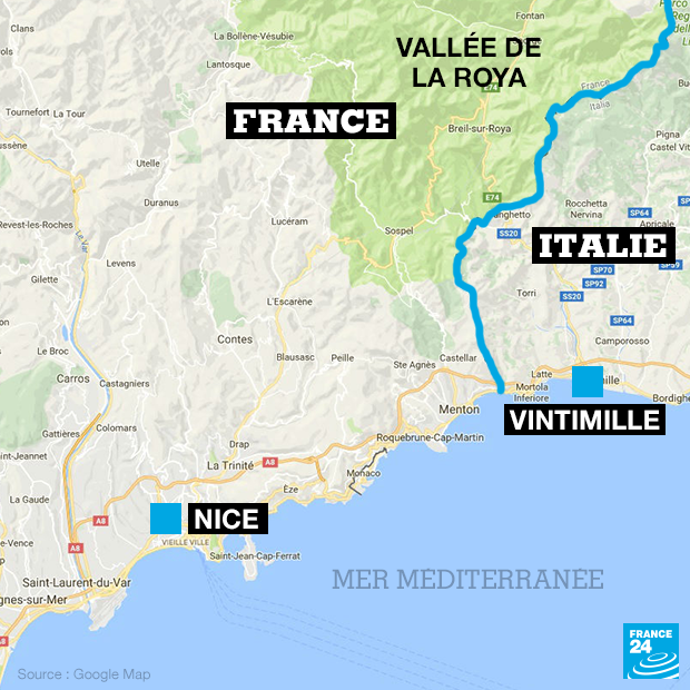 Carte de la vallée de la Roya, à la frontière franco-italienne. Crédit : France 24