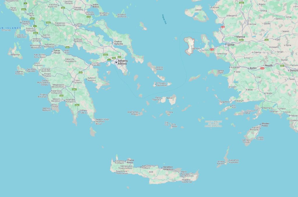 Map showing the Aegean Island of Chios and the southern Greek island of Crete | Credit: Google Maps
