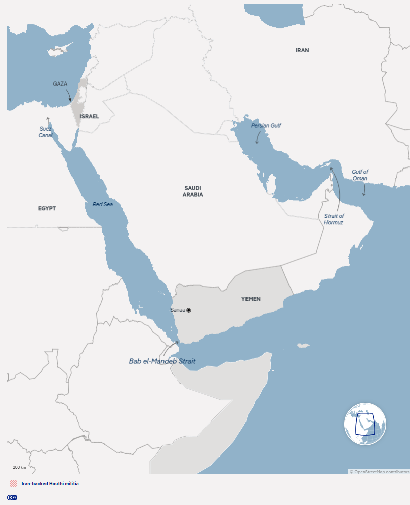 The strait forms one of the world's most important maritime trade routes. Ships from Asia navigate Bab al-Mandab before entering the Red Sea, the Suez Canal and the Mediterranean. From there, the ships head for the major European ports | Source: DW