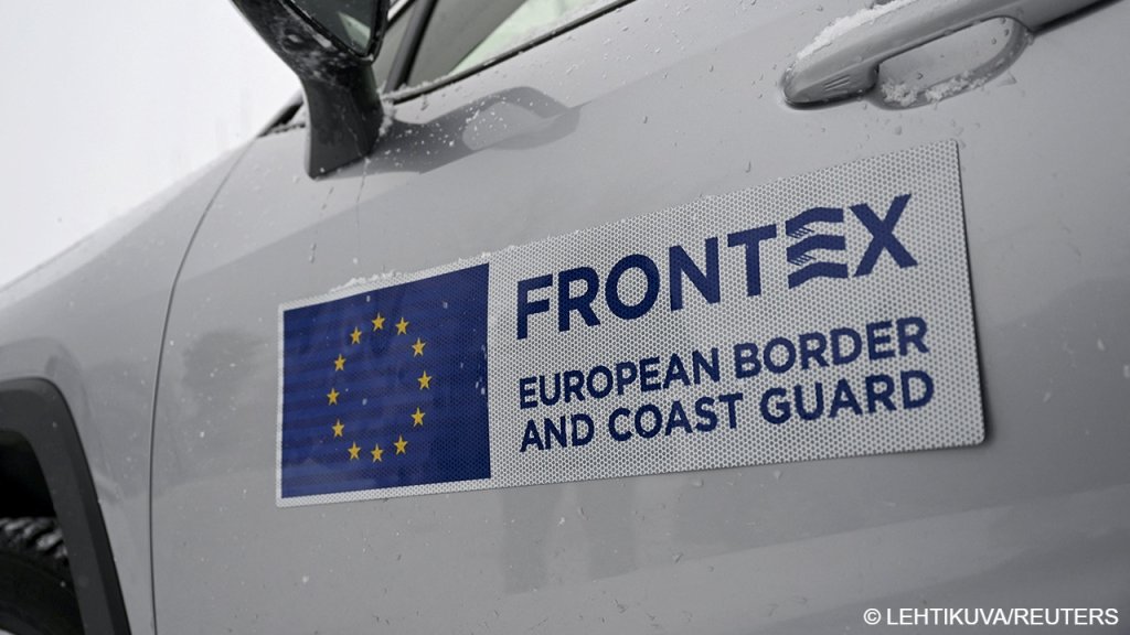 Frontex logo pictured during a joint briefing of Frontex and the Finnish Border Guard on the eastern border at the Vaalimaa border station in Virolahti, Finland, December 7, 2023.  Lehtikuva/via REUTERS