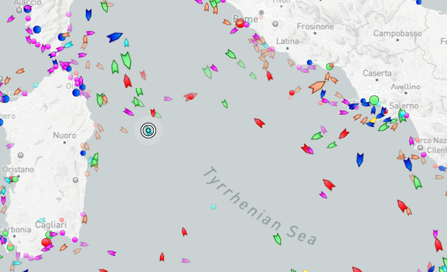 A screenshot of the position of Geo Barents on May 4 in the afternoon, between Sardinia and mainland Italy, just south of Rome | Source: www.marinetraffic.com