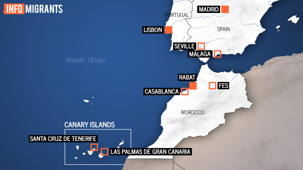 Map of Canary Islands, Morocco and mainland Spain, located around 1,700 kilometers northeast of the Canaries | Credit: InfoMigrants