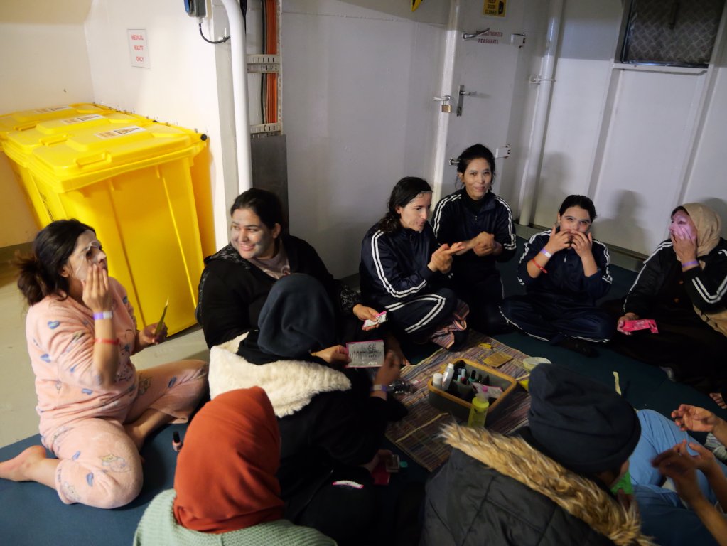 Syrian women take part in a wellness session organized by MSF on board the Geo Barents |February, 2024 | Photo: Sou-Jie van Brunnersum