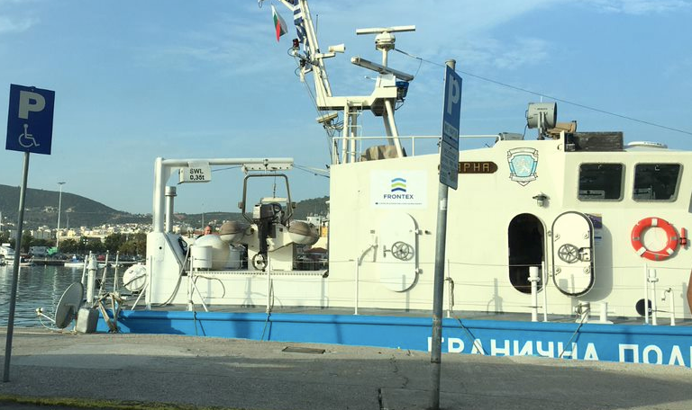 Frontex vessel in Mytilene harbor, October 2020 | Photo: Marion MacGregor/InfoMigrants 
