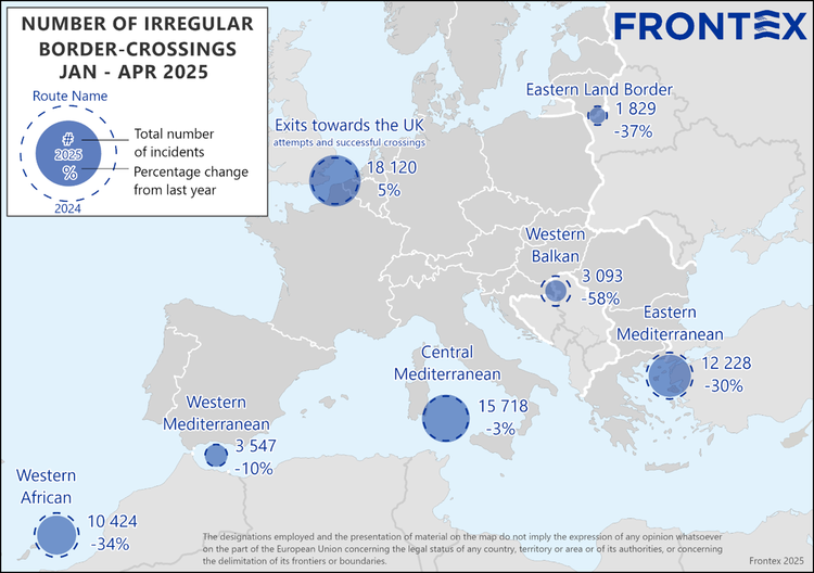 The EU border agency Frontex has registered an overall decline in the numbers of irregular border crossing attempts in first quarter of 2025 | Source: Frontex