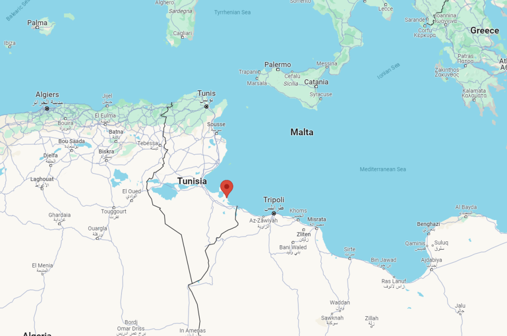 The Tunisian port city of Zarzis (red marker) | Source: Google Maps
