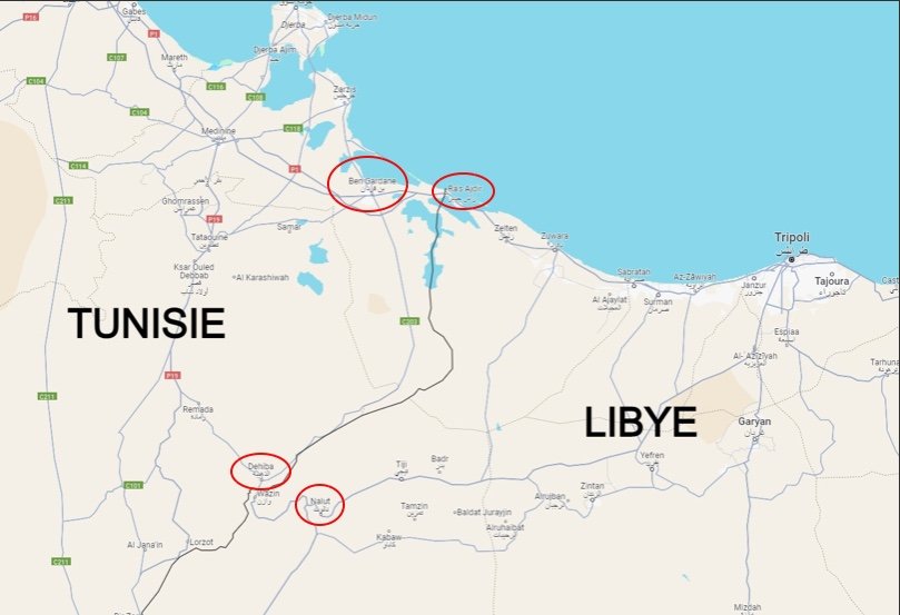Les migrants sont transférés de Dehiba vers Nalut, ou de Ben Gardane vers Ras Jdir. Crédit : Google maps