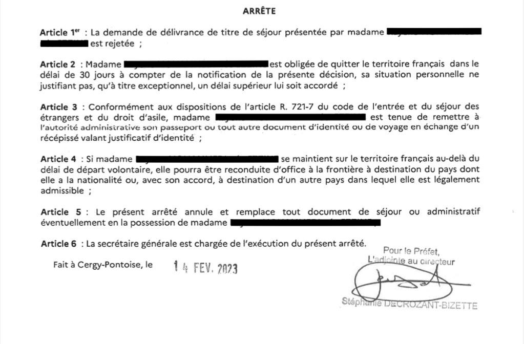 Extract from the OQTF received by Inès M. on February 14, 2023 | Photo: private