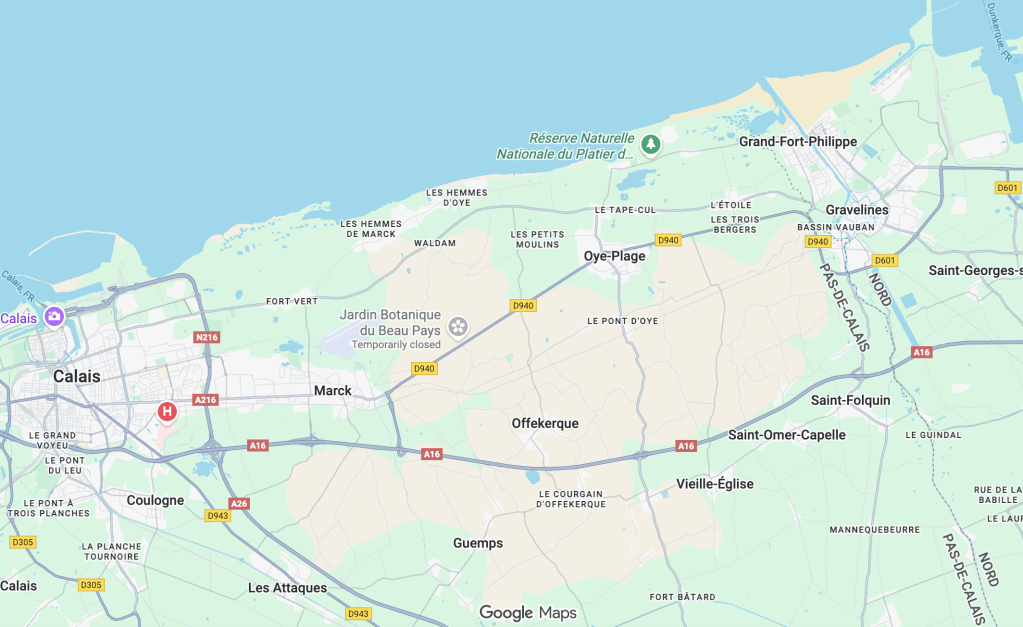 Map showing the Aa canal going through the French town of Gravelines before reaching the sea | Screenshot: Google maps