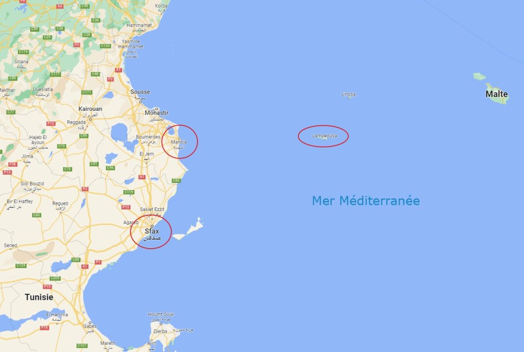 Mahdia, en Tunisie, se trouve à environ 100 km de l'île italienne de Lampedusa. Crédit : Google maps