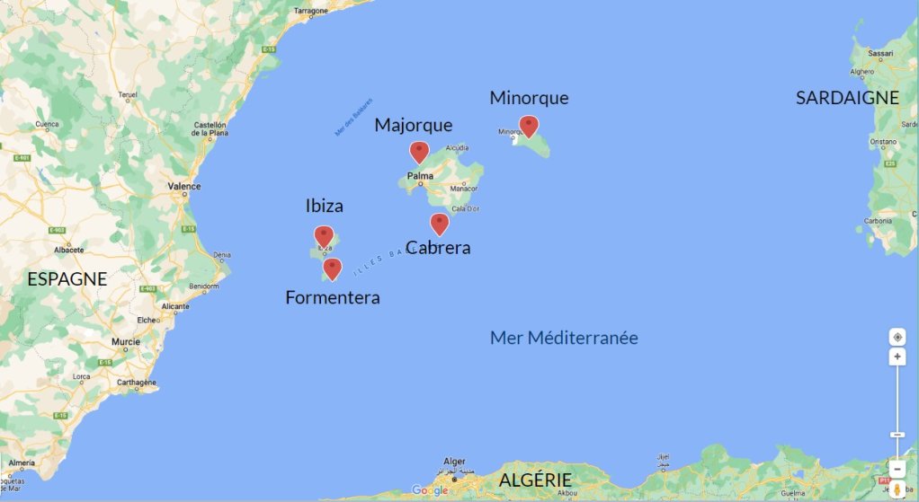 L'archipel des Baléares se situe à l'est de la péninsule ibérique. Crédit : Google maps/Pikotchart