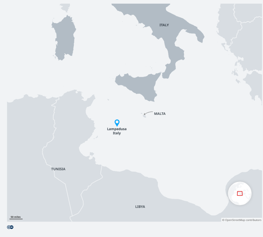 خريطة توضح مدى قرب لامبيدوزا من الساحل التونسي | المصدر: DW