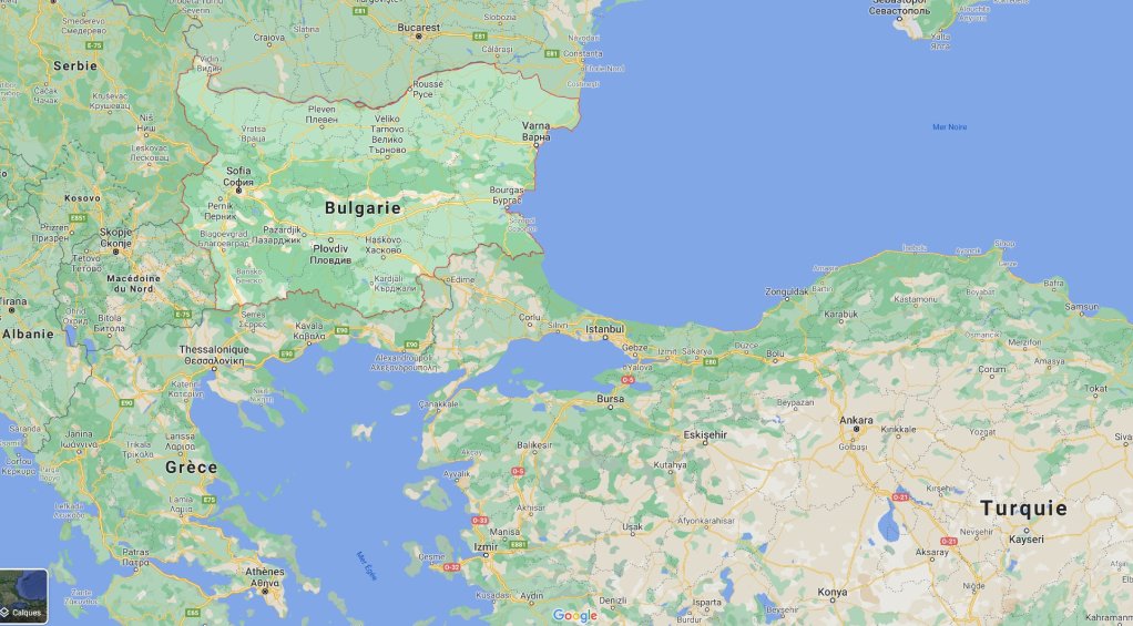 La Bulgarie partage ses frontières, au sud, avec la Turquie et la Grèce. Crédit : Google Maps