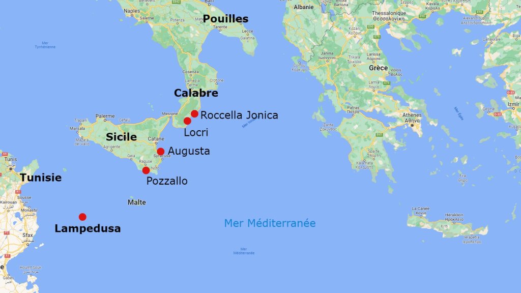 Les exilés arrivent en Italie par la Sicile et Lampedusa, mais aussi via les Pouilles et la Calabre, dans le sud du pays. Crédit : Google maps