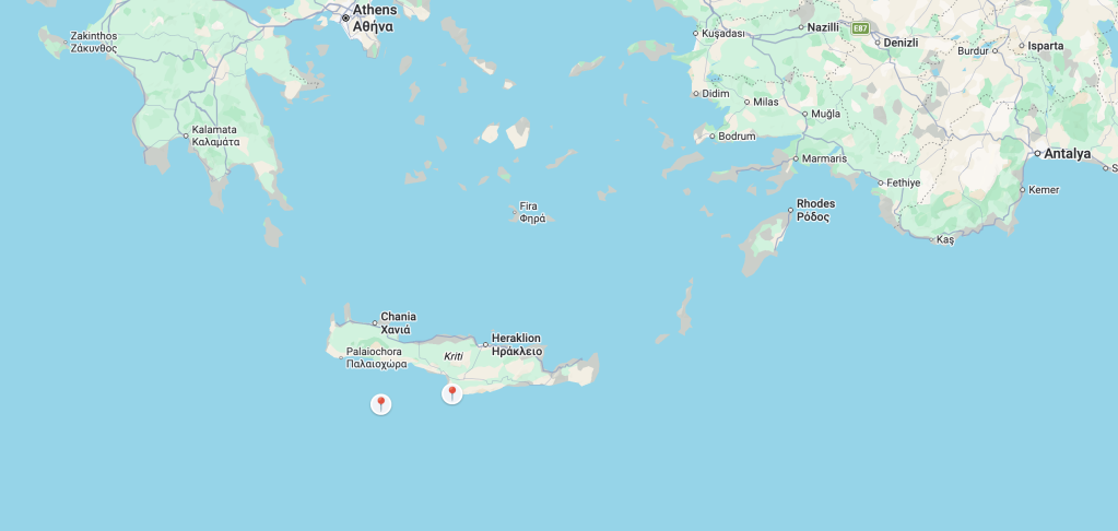 Map showing Crete and the smaller neighboring island of Gavdos | Screenshot: Google Maps