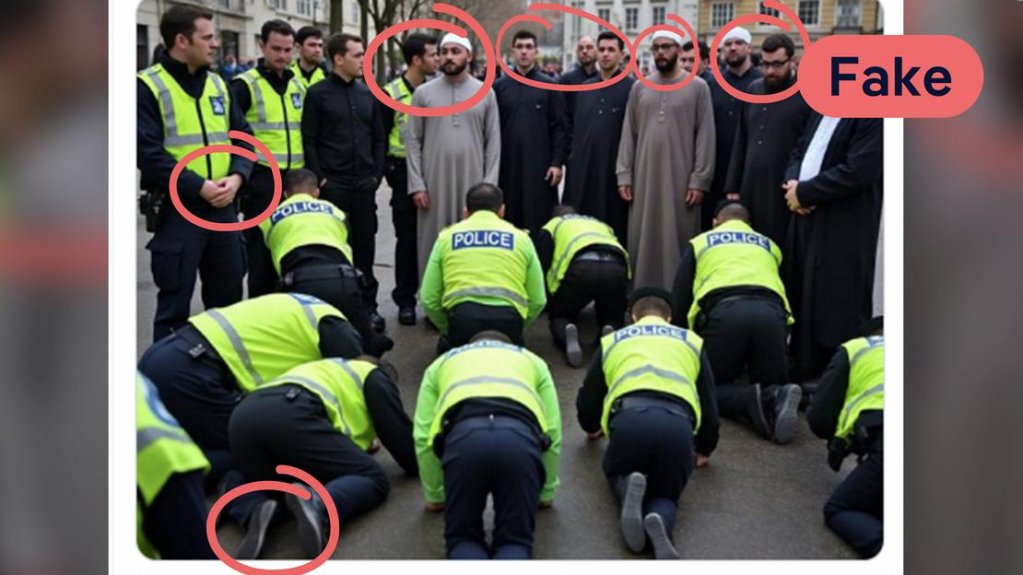 Despite being clearly fabricated, this AI-generated image went viral, spreading claims that UK authorities favor Muslim migrants over "locals"— a conspiracy theory promoted by far-right groups | Source: via DW