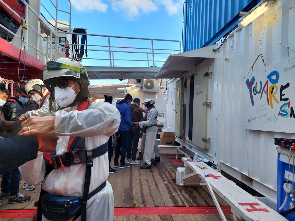 Sunday morning, February 13, 2022. 22 people including 6 minors were taken on board the Ocean Viking after it spotted their small wooden boat in distress and at risk of taking on water in the Maltese SAR zone | Photo: Clarie Juchat/SOS Mediterranee 