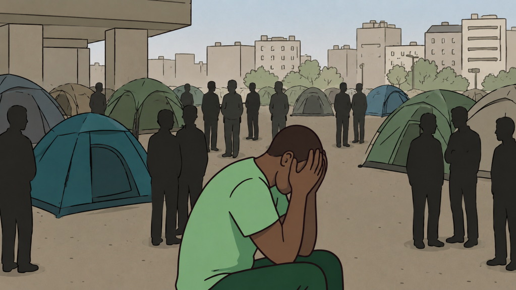 Le manque de logement ou la précarité administrative, financière ou sociale des migrants viennent souvent aggraver la santé mentale des exilés. Crédit : Studio graphique FMM