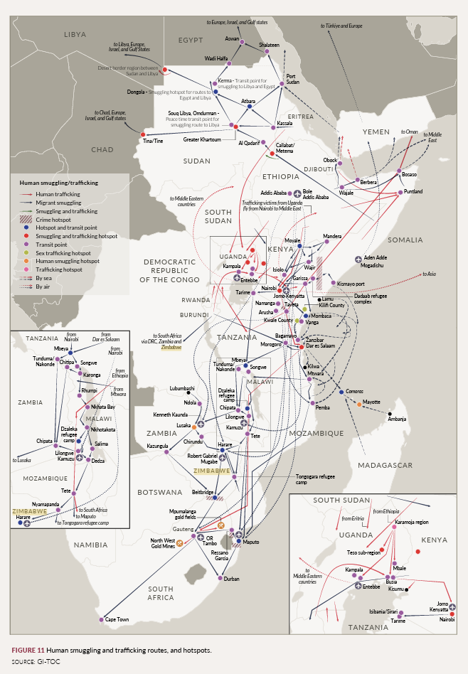 Map shows human smuggling and trafficking routes, as well as hotspots in Africa | SOURCE: Mapping Organized Criminal Economies in East and Southern Africa Report by the Global Initiative Against Transnational Organized Crime (GICT)