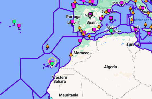 A map showing the Search and Rescue zones off the coast of Morocco, the Canary Islands and Western Sahara. Each state is responsible for large parts of water outside of its national waters | Credit: Worldwide Search and Rescue SAR contacts, managed by the Canadian Coastguard