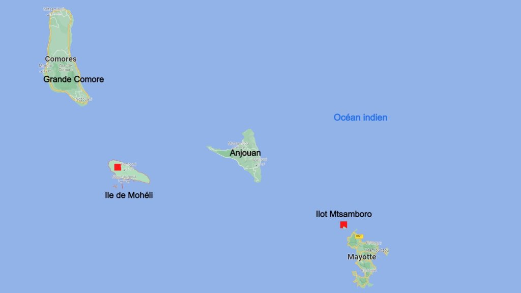 Pour atteindre Mayotte, la plupart des migrants partent des îles d'Anjouan et de Mohéli. Crédit : Google map