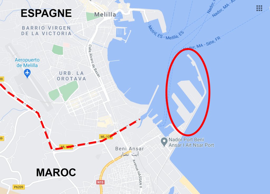 Circled in Red are the harbor and border walls built between Morocco and the Spanish enclave of Melilla on the African continent | Source : Google Maps