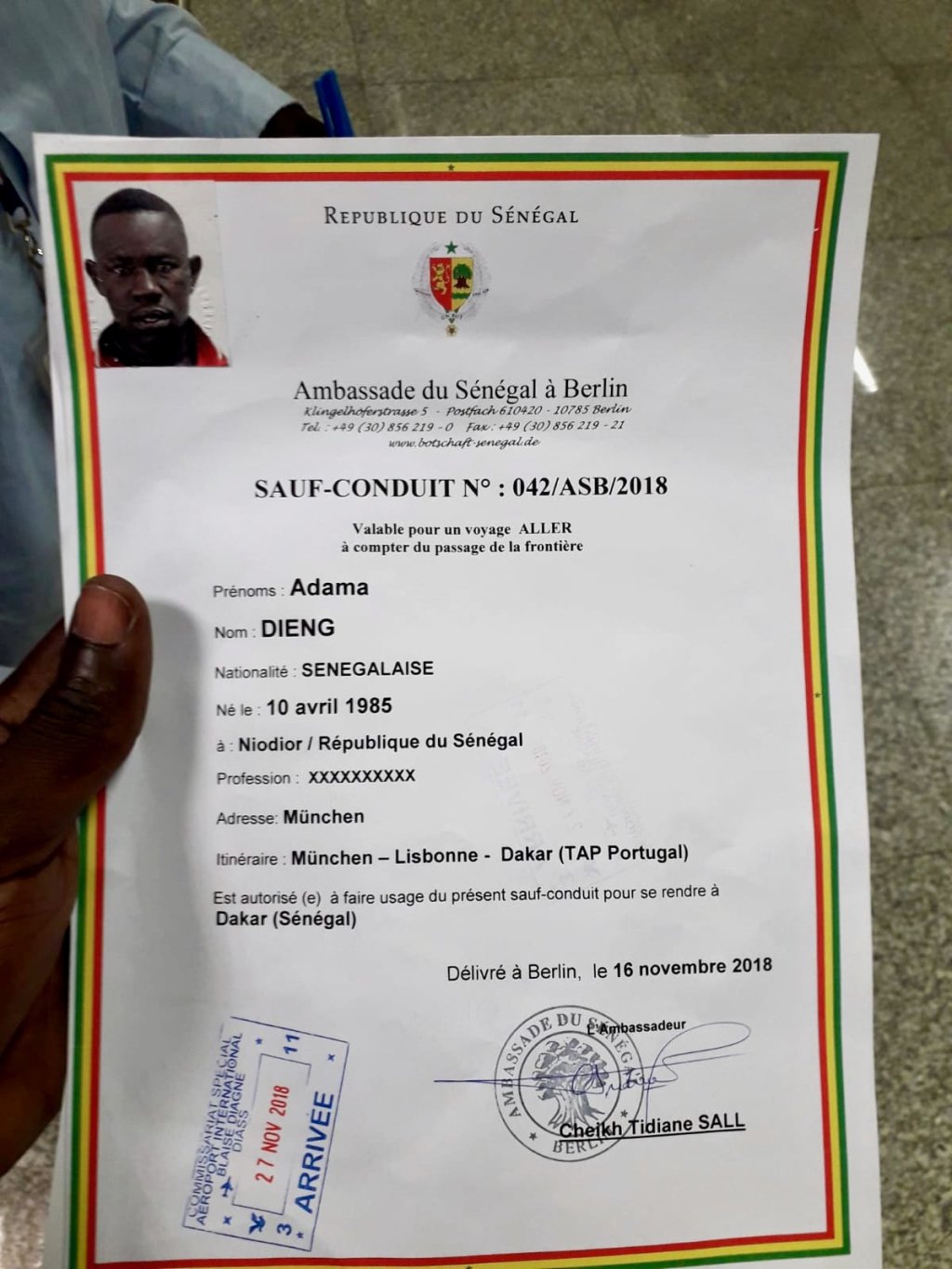 The Senegalese embassy in Berlin provided a temporary travel document for Adama Dieng one year after his interview | Photo: private