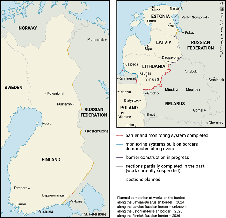 Maps published in the Center for Eastern studies paper in 2023 show the Lithuanian border and marks the places where a fence has been errected | Source: www.osw.waw.pl