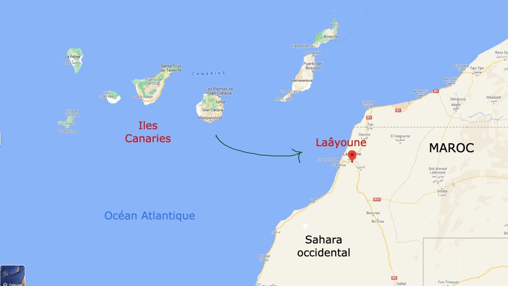 Les migrants prennent la mer depuis Laâyoune pour rejoindre les îles espagnoles des Canaries. Les vents et les forts courants dans la zone rendent ce passage dans l'océan Atlantique très dangereux. Crédit : Google maps