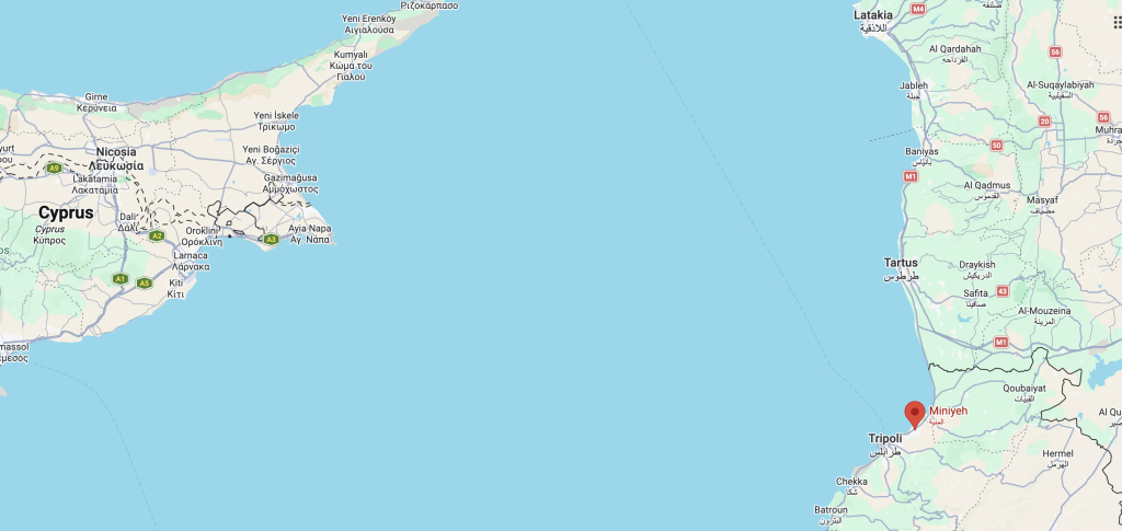 Map showing Tripoli and Miniyeh in Lebanon and Cyprus. Cyprus is much closer to Lebanon than the rest of the EU | Screenshot: Google Maps