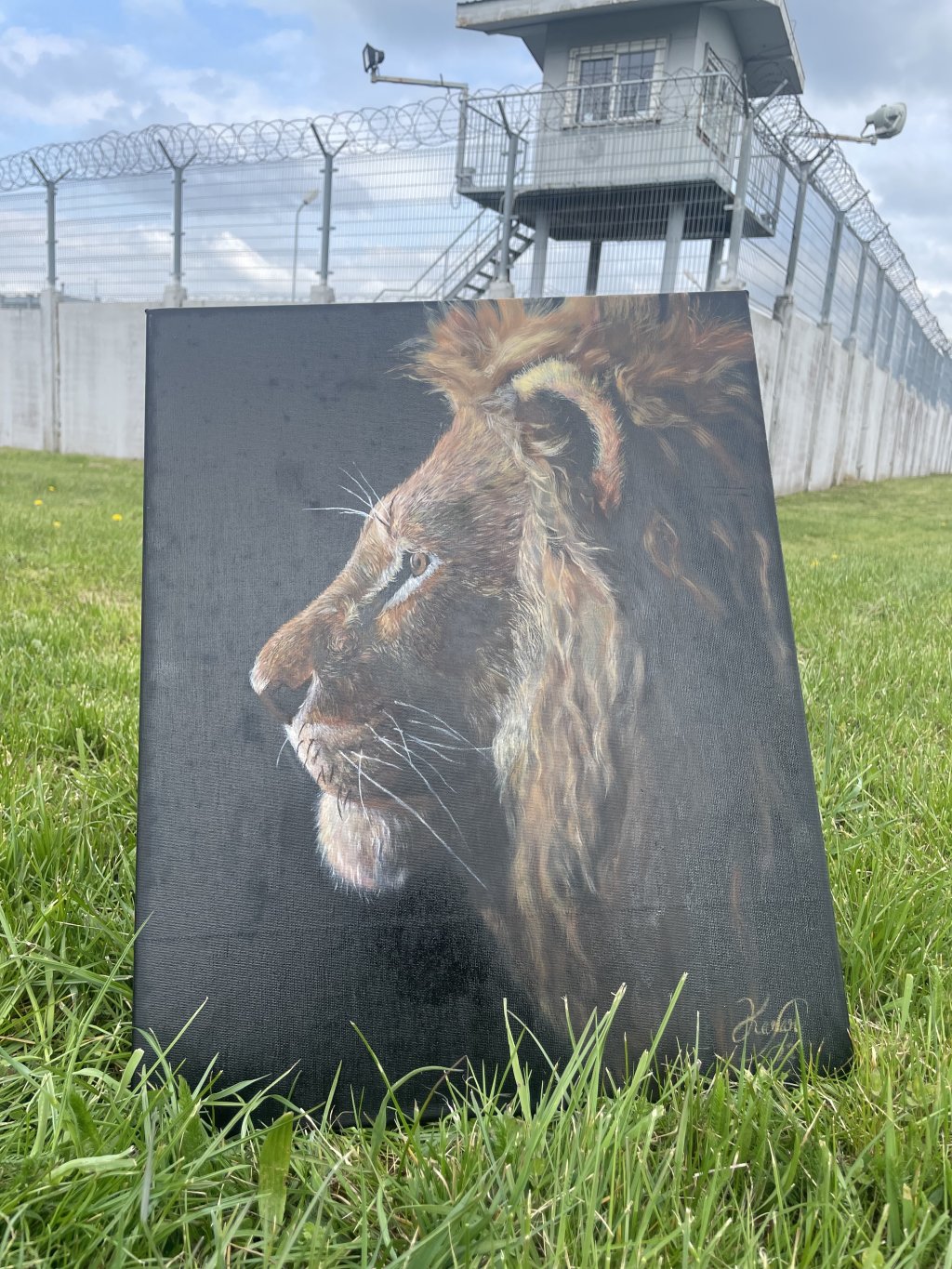 Painting of a lion by Amir from Iraq, who is now detained in the Kybartai camp in Lithuania | Photo: Gabriela Ramírez