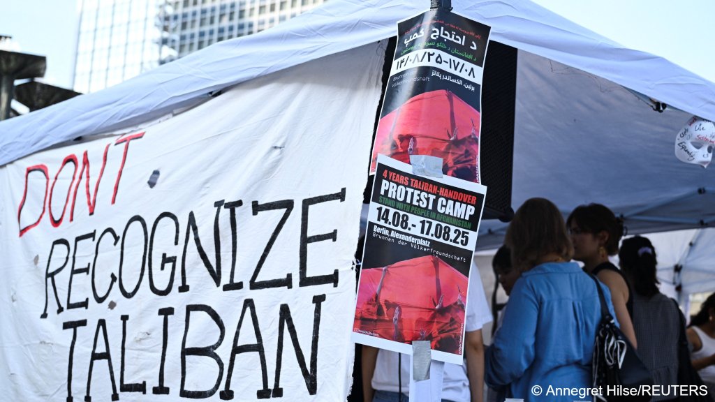 Posters hang on a tent calling on the German government to not recognize the Taliban, during protests over the weekend to mark the four-year anniversary of the Taliban takeover of Afghanistan | Photo: Annegret Hilse / Reuters