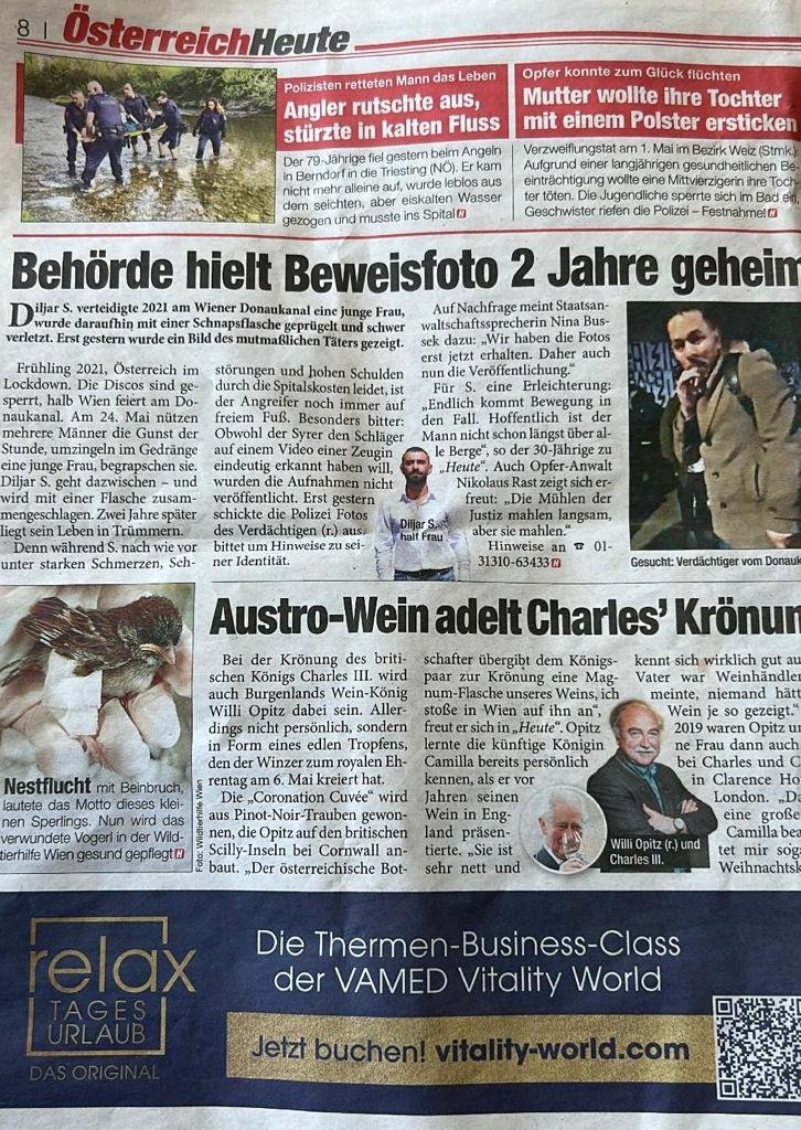 جريدة النمسا اليوم المحلية تكتب تقريرا عن سبب إخفاء صورة المعتدي على الشاب ديلار طيلة سنتين من طرف السلطات. الصورة: خاصة