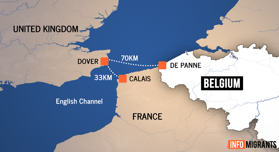 Migrants and refugees often use sea routes to the United Kingdom from Calais, France, but because of beefed-up security on the French coast, there's been an increase of those trying to reach the UK from the Belgian shore | Map: InfoMigrants